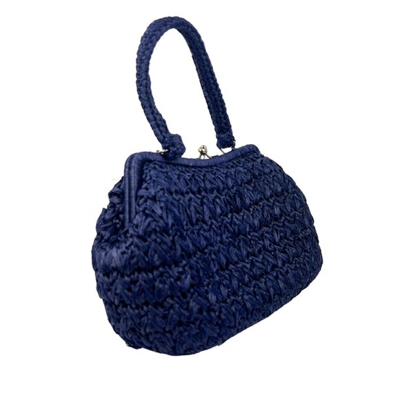 Navy Straw Handbag with Silver Hardware - Picture 2 of 5